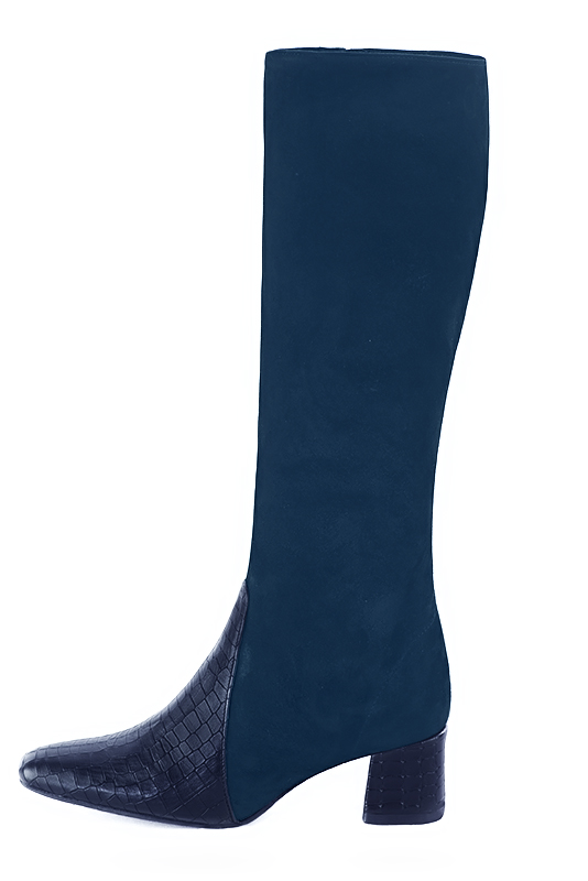 Navy blue women's feminine knee-high boots. Square toe. Medium block heels. Made to measure. Profile view - Florence KOOIJMAN